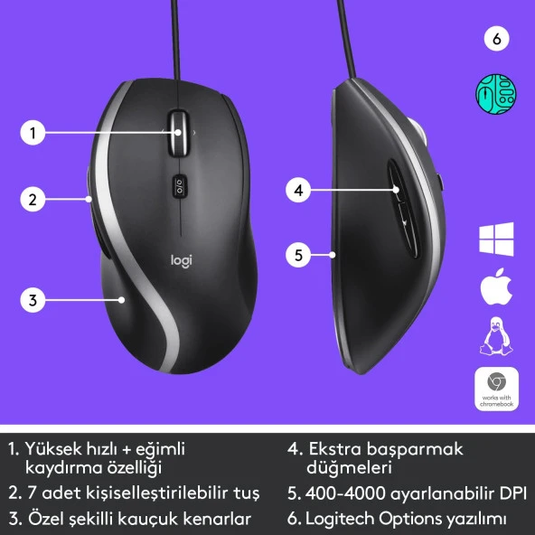 Logitech 7 Özel Düğmeli Gelişmiş Kablolu Fare Mouse 4.000 Dpi Kablolu Mouse - Resim 6