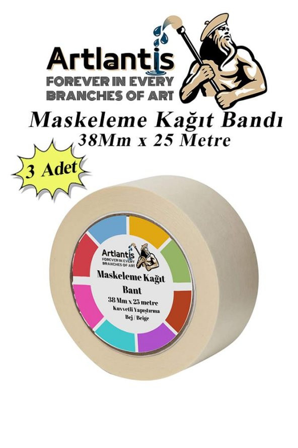 Maskeleme Bandı Kağıt Bant 38 mm 25 Metre 3 Adet Boya Bantı Maskeleme Kağıt Bant Duvar Yağlı Boya Badana