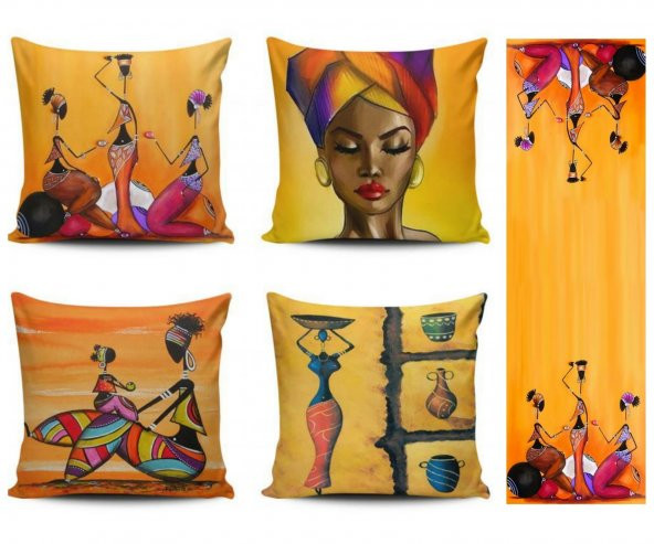 Alkan Homes Afrikalı Kızlar Modern Desenli 4lü Kombin Kırlent Kılıfı+Runner