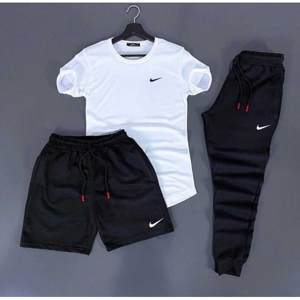 3'Lü Beyaz SlimFit Beyaz Tshirt-Şort-Eşofman Kombin Baskılı - 1