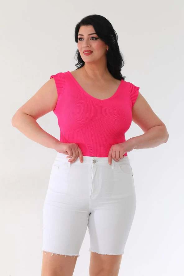 Kadın Büyük Beden Yüksek Bel Likralı Esnek Skinny Bermuda Kot Şort - 2