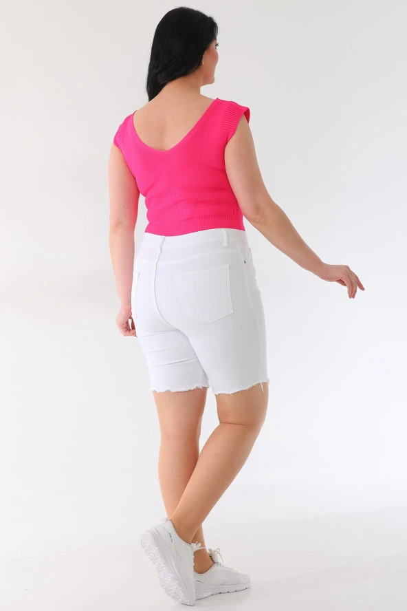 Kadın Büyük Beden Yüksek Bel Likralı Esnek Skinny Bermuda Kot Şort - 6