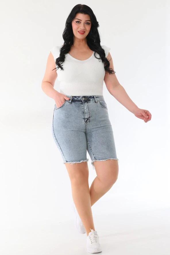 Kadın Büyük Beden Yüksek Bel Likralı Esnek Skinny Bermuda Kot Şort - 8