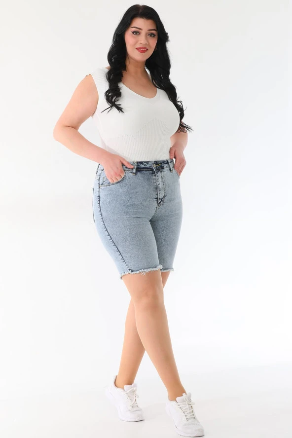 Kadın Büyük Beden Yüksek Bel Likralı Esnek Skinny Bermuda Kot Şort - 9