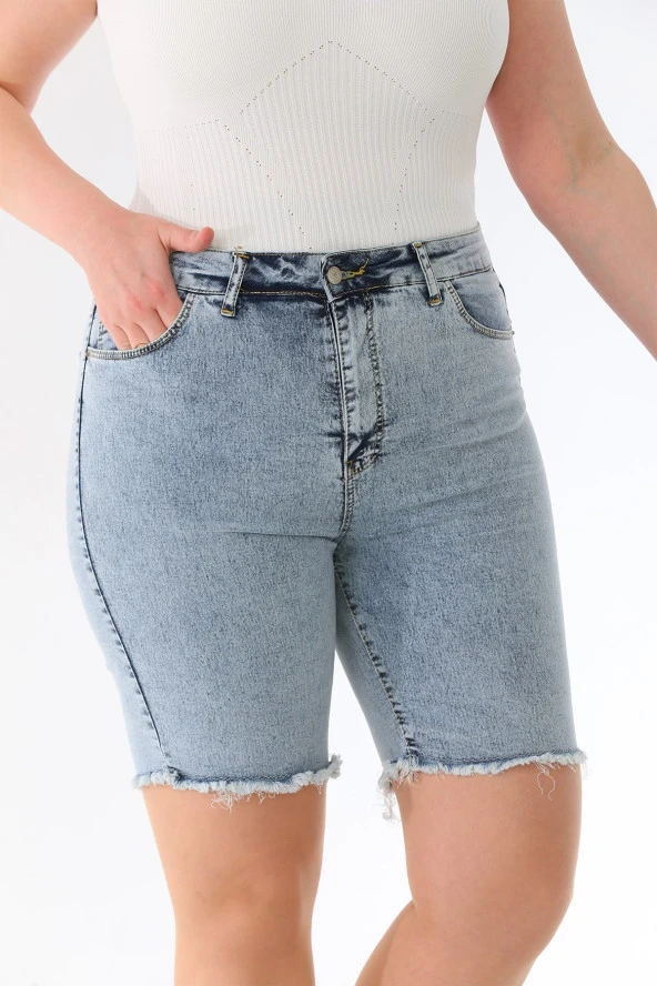 Kadın Büyük Beden Yüksek Bel Likralı Esnek Skinny Bermuda Kot Şort - 10