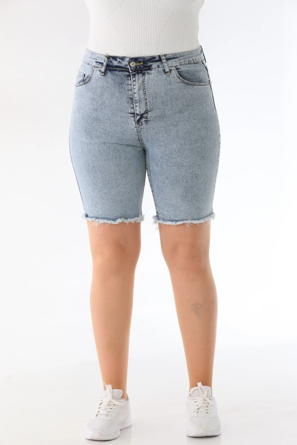 Kadın Büyük Beden Yüksek Bel Likralı Esnek Skinny Bermuda Kot Şort - 11