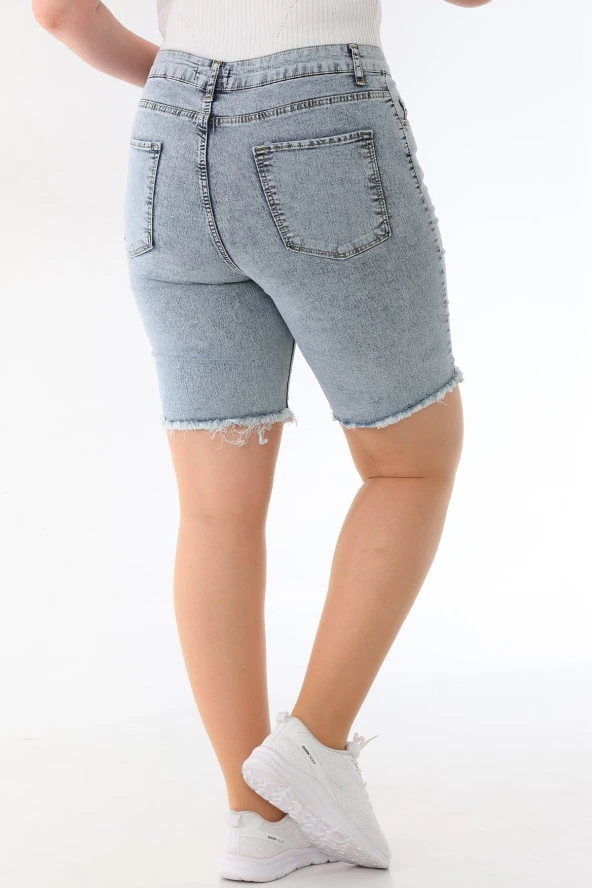 Kadın Büyük Beden Yüksek Bel Likralı Esnek Skinny Bermuda Kot Şort - 12