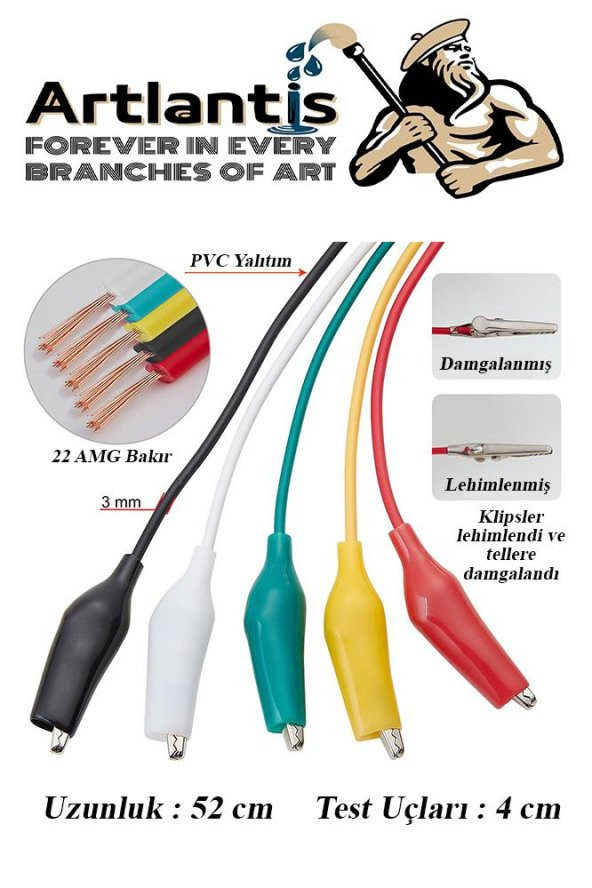 Krokodil Kablo 52 cm 10 lu 1 Paket Timsah Ağızlı İki Tarafı Kıskaçlı Kablo Elektrik Deney Kablosu Klipsli - 4