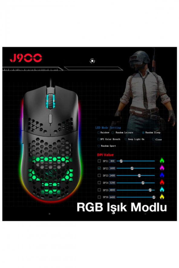 J900 Usb Kablolu Rgb Dpi Oyuncu Mouse Gaming Mouse - 7