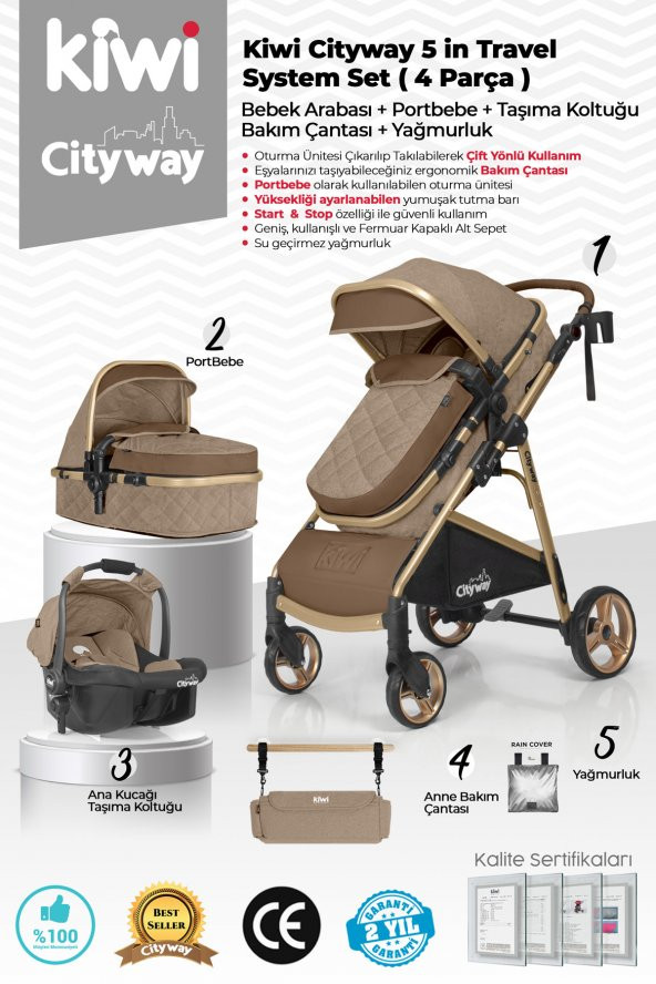 Kiwi City Way 5 in 1 Bebek Arabasi,Taşıma Koltuğu,Bakım Çantası,Yağmurluk-Kahverengi - 2