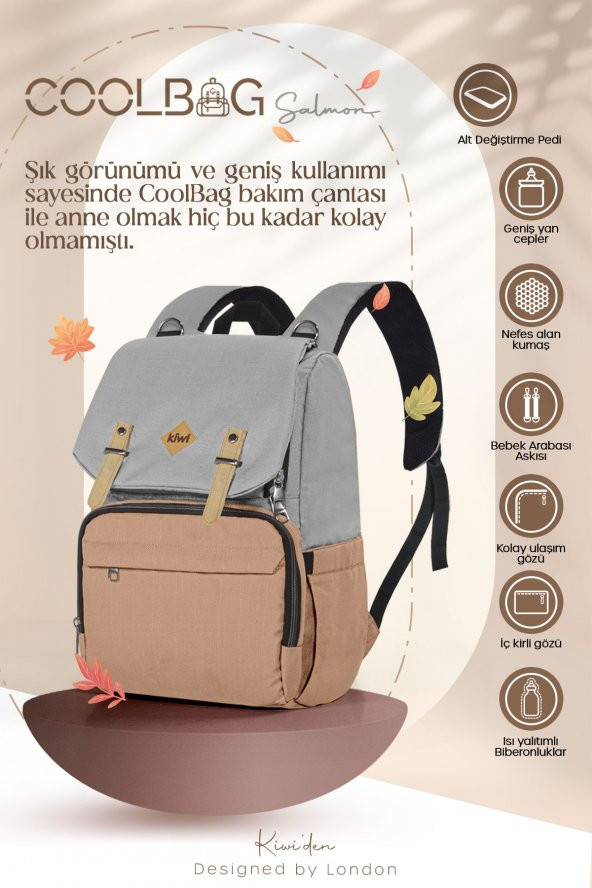 Kiwi CoolBag Anne Bebek Sırt Bakım Çantası Gri Somon - 2