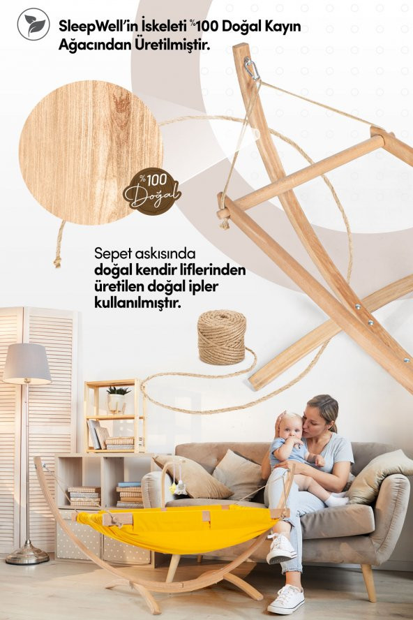 Kiwi Sleepwell Doğal Ahşap Platformlu Sallanır Bebek Hamağı Mavi - 3