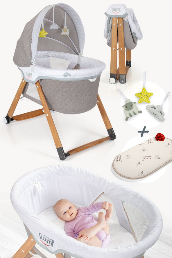 Kiwi Sleeper All İnOne Naturel Ahşap Sallanabilen Katlanır Tekerli Bebek Beşiği Yaprak Desenli Vizon