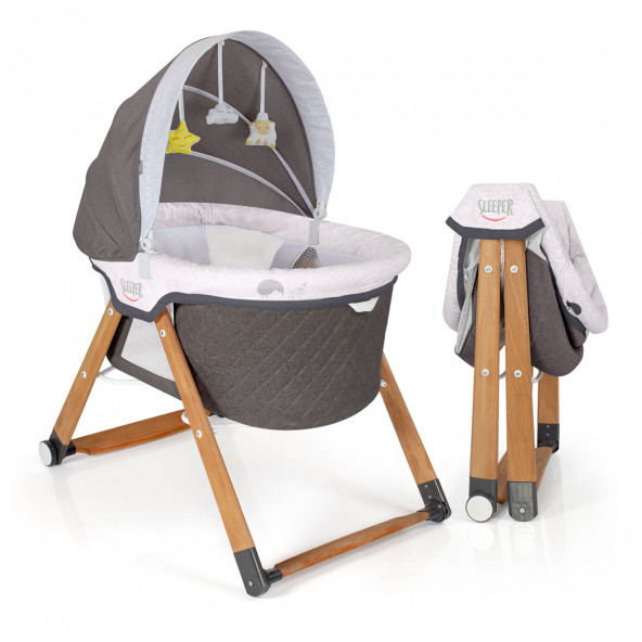 Kiwi Sleeper All İn One Naturel Ahşap Sallanabilen Katlanır Tekerli Bebek Beşiği Yaprak Desenli