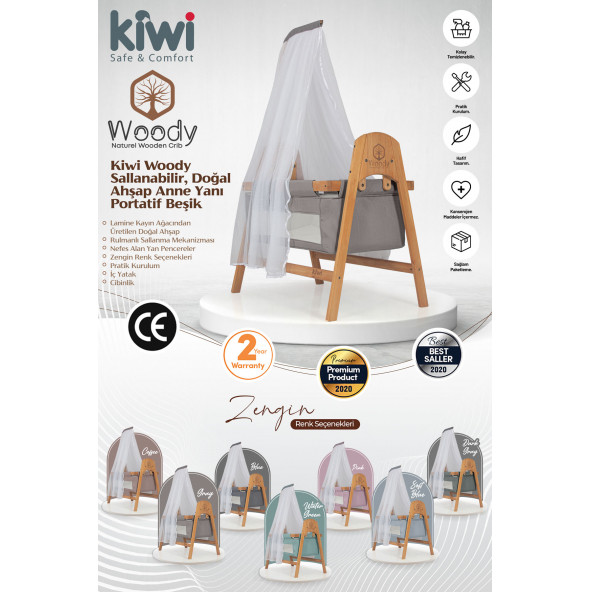 Kiwi Woody Sallanabilir Doğal Ahşap Anne Yanı Portatif Beşik Açık Gri - 2