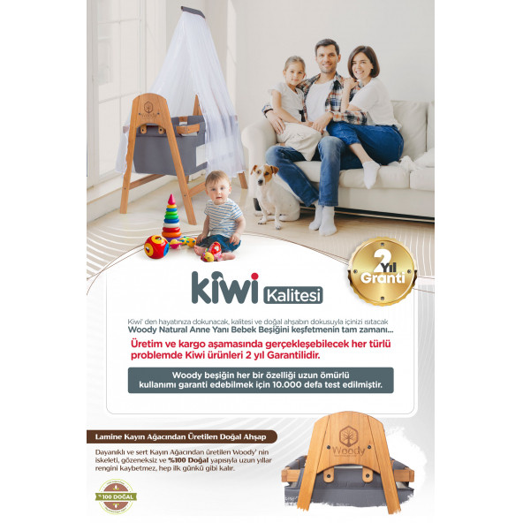 Kiwi Woody Sallanabilir Doğal Ahşap Anne Yanı Portatif Beşik Açık Gri - 3