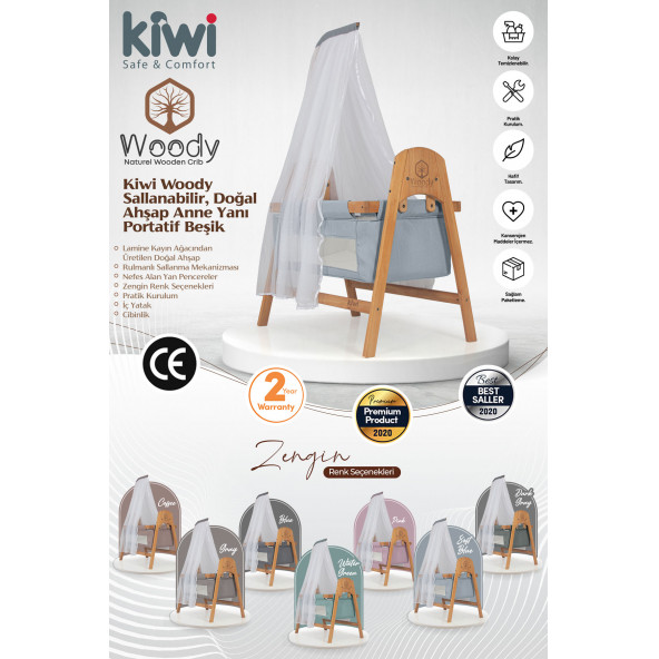 Kiwi Woody Sallanabilir Doğal Ahşap Anne Yanı Portatif Beşik Açık Mavi - 2