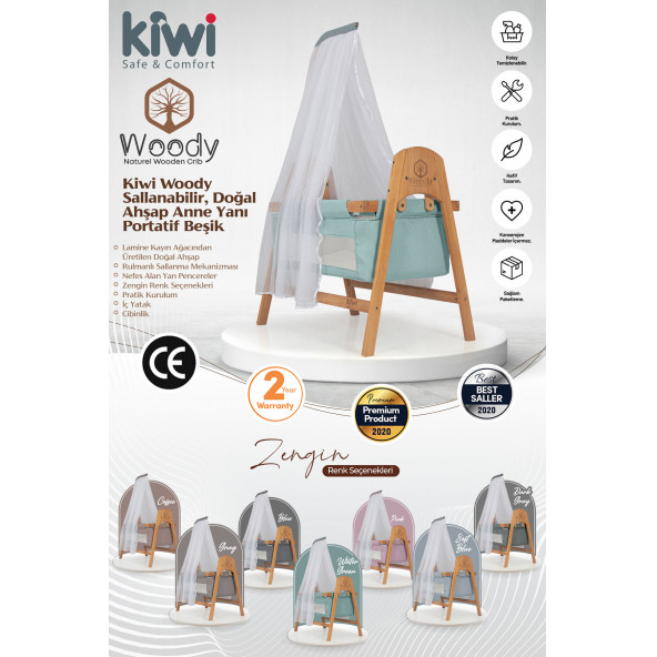 Kiwi Woody Sallanabilir Doğal Ahşap Anne Yanı Portatif Beşik Su Yeşili - 2
