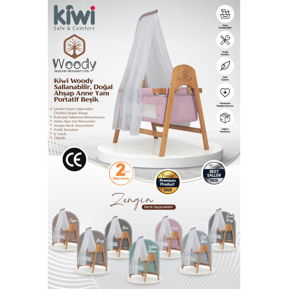 Kiwi Woody Sallanabilir Doğal Ahşap Anne Yanı Portatif Beşik Pembe - 2