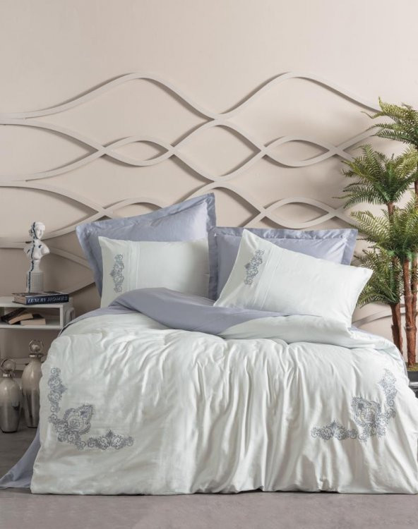 Cotton Box Brode Nakışlı Çift Kişilik Saten Nevresim Takımı Bianna Gri ürün görseli