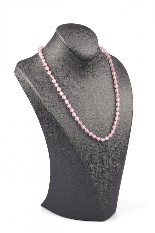 Pembe Kuvars Doğal Taş 6 mm Düğümlü Kolye - 2