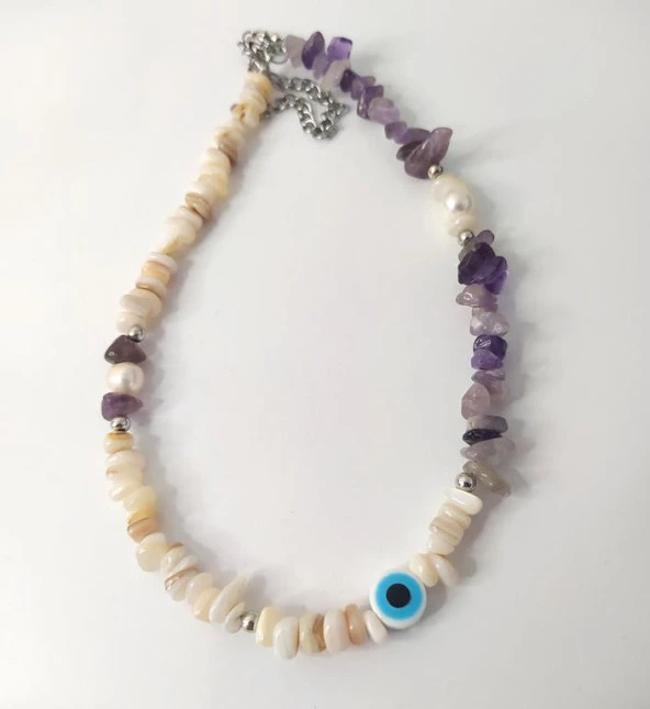 Kolye Ametis Kırık Doğal Taş Kolye Kötü Göz Kovucu Nazar Gerdanlık Çakra Enerji Takı Aksesuar - Resim 2