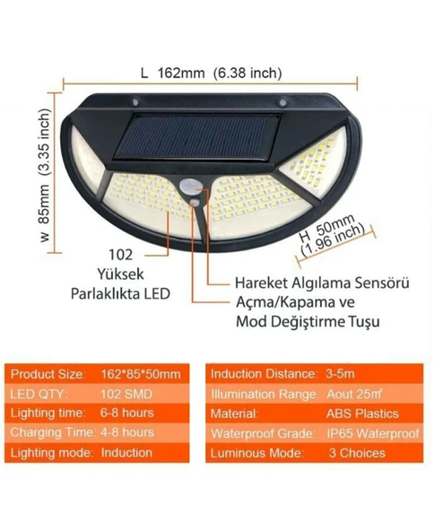 Sepetegelsin Güneş Enerjili Hareket Sensörlü 102 Led Bahçe Lambası - Resim 3