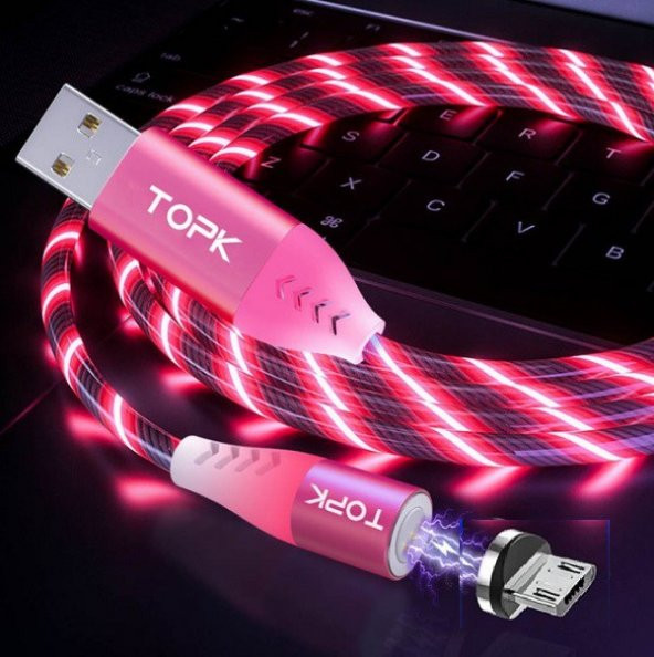 Topk Manyetik Mıknatıslı Kayar Işıklı Mikro Usb Kablo 1 Metre