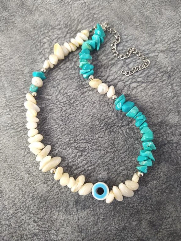 Kolye Turkuaz Kırık Doğal Taş Kolye Kötü Göz Kovucu Nazar Gerdanlık Çakra Enerji Takı Aksesuar - 3