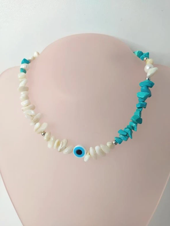 Kolye Turkuaz Kırık Doğal Taş Kolye Kötü Göz Kovucu Nazar Gerdanlık Çakra Enerji Takı Aksesuar - 4