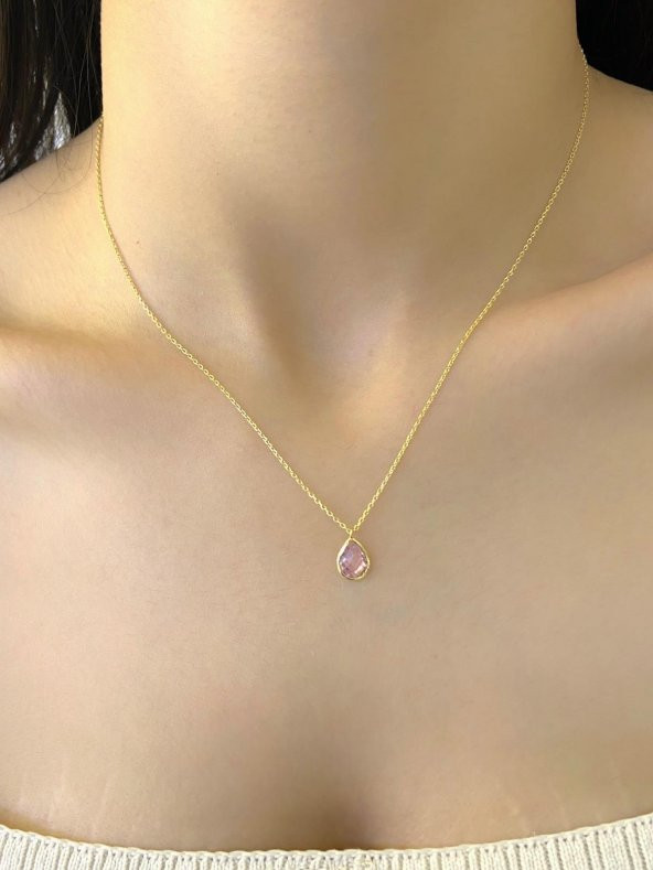 Minik Damla Pembe Kuvars Taş Günlük Çok Şık Altın Altın Kolye - 3