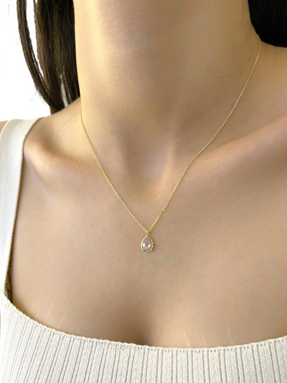 Minik Damla Zirkon Taş Günlük Çok Şık Altın Altın Kolye - Resim 3