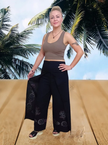 Keten Bulmaca Pantolon - Siyah / Standart - 2