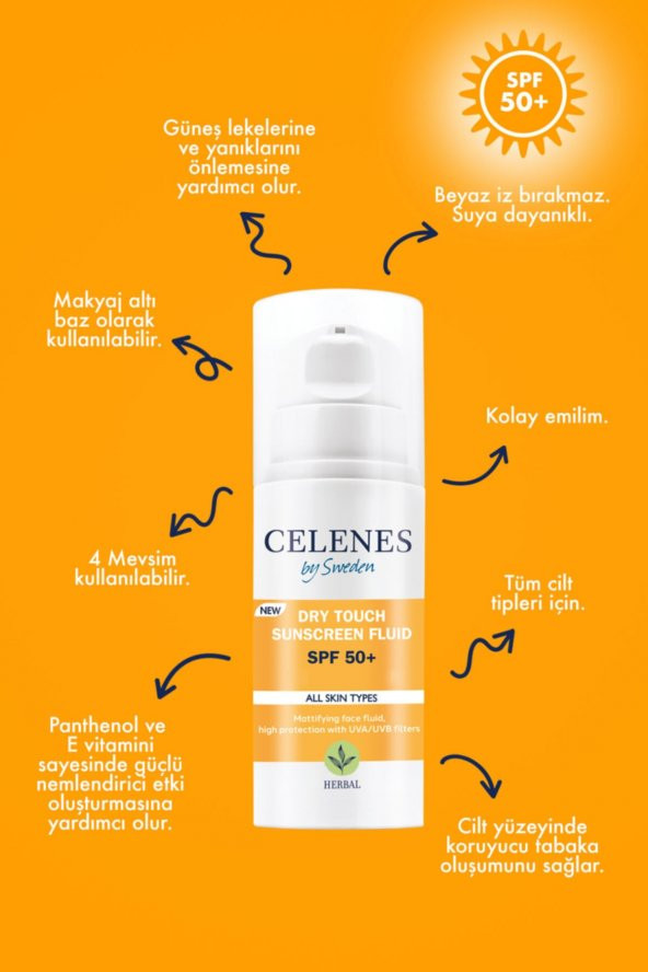 CELENES DRY TOUCH SPF50+ Yüksek Korumalı Fluid 50 Spf / Güneş Koruyucu / Yüz Ve Dekolte Bölgesi