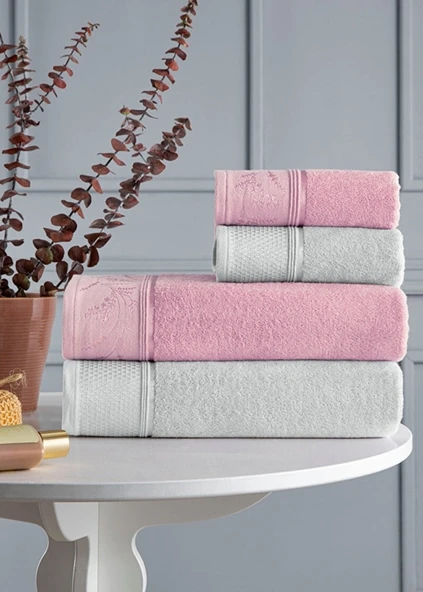Özdilek 4 Parça Best Hamam Seti, Banyo Havlu Takımı-Ditsy Pembe Gri