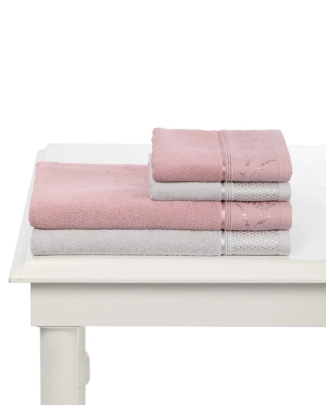 Özdilek 4 Parça Best Hamam Seti, Banyo Havlu Takımı-Ditsy Pembe Gri - 2