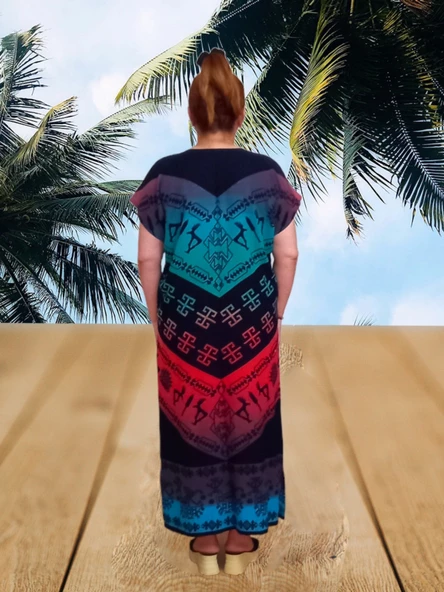 Şile Bezi Oversize Taş Baskı Desenli Elbise - Çok Renkli - M Beden - 3