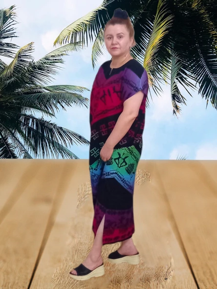 Şile Bezi Oversize Taş Baskı Desenli Elbise - Çok Renkli - L Beden - 4