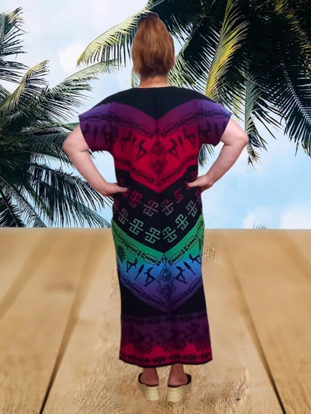 Şile Bezi Oversize Taş Baskı Desenli Elbise - Çok Renkli - L Beden - 3