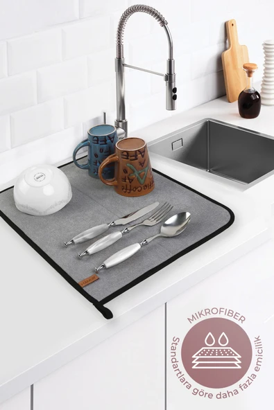 Microfiber Bulasik Kurutma Mati Kurulama Bezi Kurutma Örtüsü Tezgah Üstü Gri - Resim 4