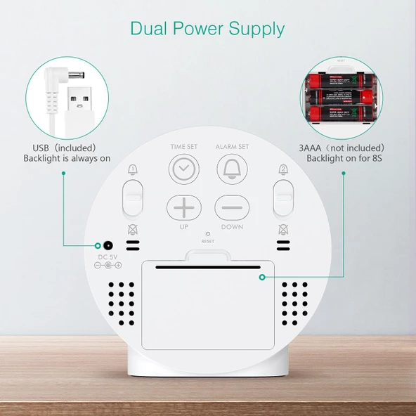 Valkyrie Çift Alarmlı LED Touch Snooze Şık Tasarım Masa Saati Beyaz - 3