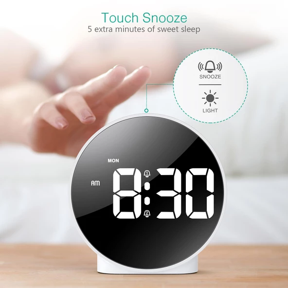 Valkyrie Çift Alarmlı LED Touch Snooze Şık Tasarım Masa Saati Beyaz - 6