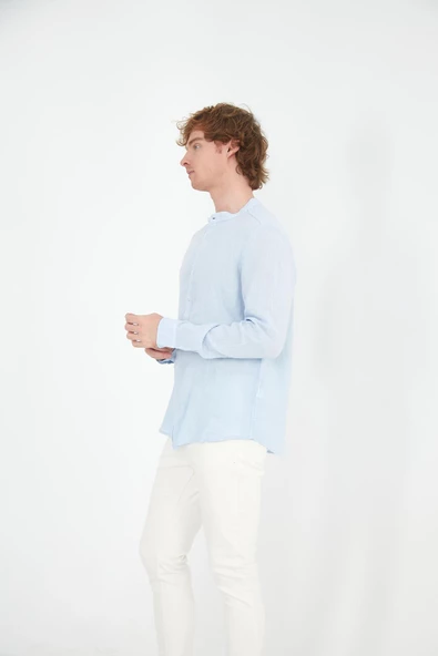 Erkek Regular Fit Hakim Yaka %100 Keten Uzun Kollu Gömlek - 9