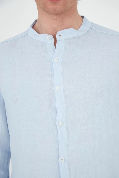 Erkek Regular Fit Hakim Yaka %100 Keten Uzun Kollu Gömlek - 11