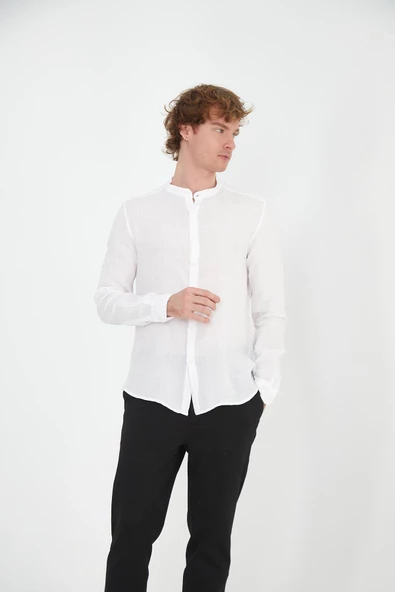 Erkek Regular Fit Hakim Yaka %100 Keten Uzun Kollu Gömlek - 6