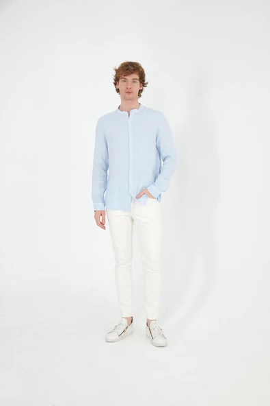 Erkek Regular Fit Hakim Yaka %100 Keten Uzun Kollu Gömlek - 12