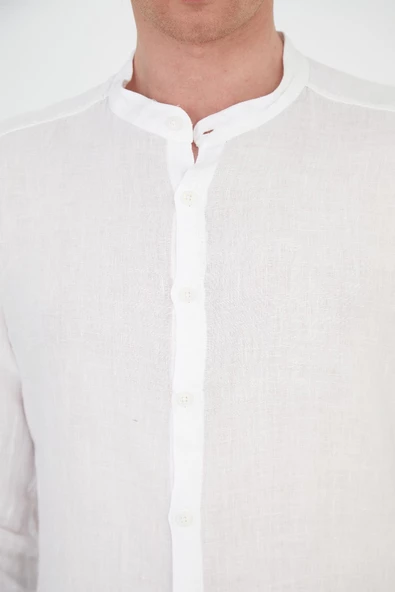 Erkek Regular Fit Hakim Yaka %100 Keten Uzun Kollu Gömlek - 4