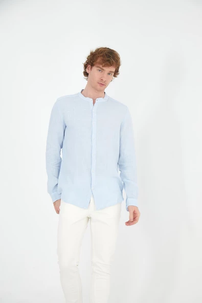 Erkek Regular Fit Hakim Yaka %100 Keten Uzun Kollu Gömlek - 8