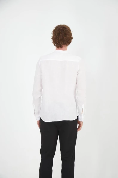 Erkek Regular Fit Hakim Yaka %100 Keten Uzun Kollu Gömlek - 3