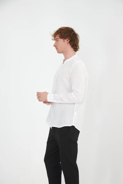 Erkek Regular Fit Hakim Yaka %100 Keten Uzun Kollu Gömlek - 2